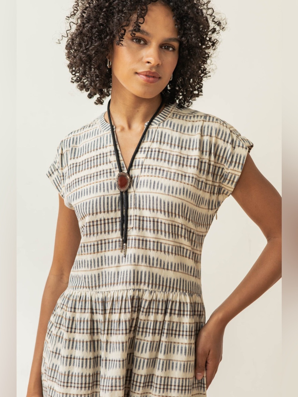 Bridge & Burn The Ira Midi Dress in Mushroom Ikat Stripe Organic Cotton Size XS - Picture 3 of 15